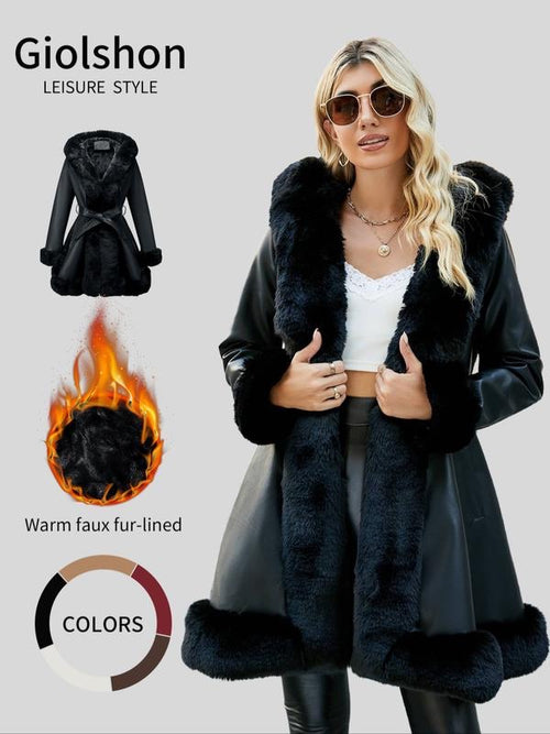 Women's Fall Winter PU Jacket, Long Sleeve Fitted Coat with Hood,