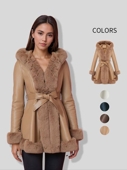 Women's Fall Winter PU Jacket, Long Sleeve Fitted Coat with Hood,