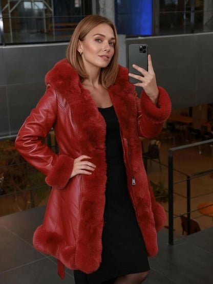 Women's Fall Winter PU Jacket, Long Sleeve Fitted Coat with Hood,