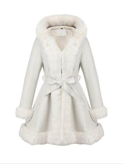 Women's Fall Winter PU Jacket, Long Sleeve Fitted Coat with Hood,